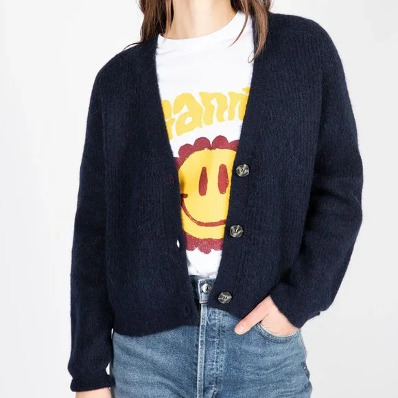 NWT Ganni Soft Alpaca Wool V-Neck Navy Cardigan Knit Sweater K1498